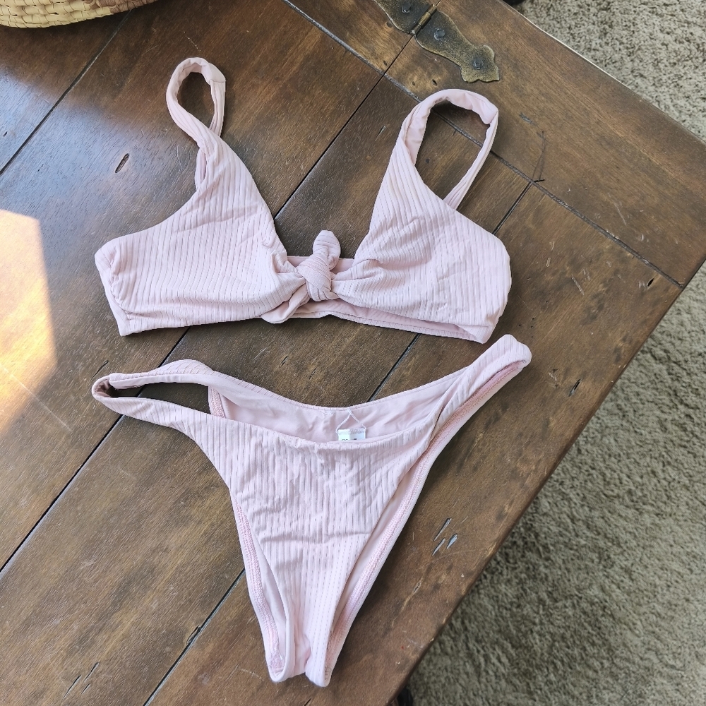 Vitamin A Ribbed High Waist Tie Front Top Bikini Set S/L Pink Beach Minimalist